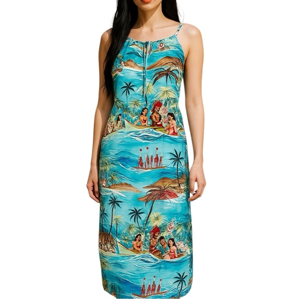Vintage All That Jazz 11/12 Blue Hawaiian Print Dress Polynesian Resortwear - Picture 1 of 8